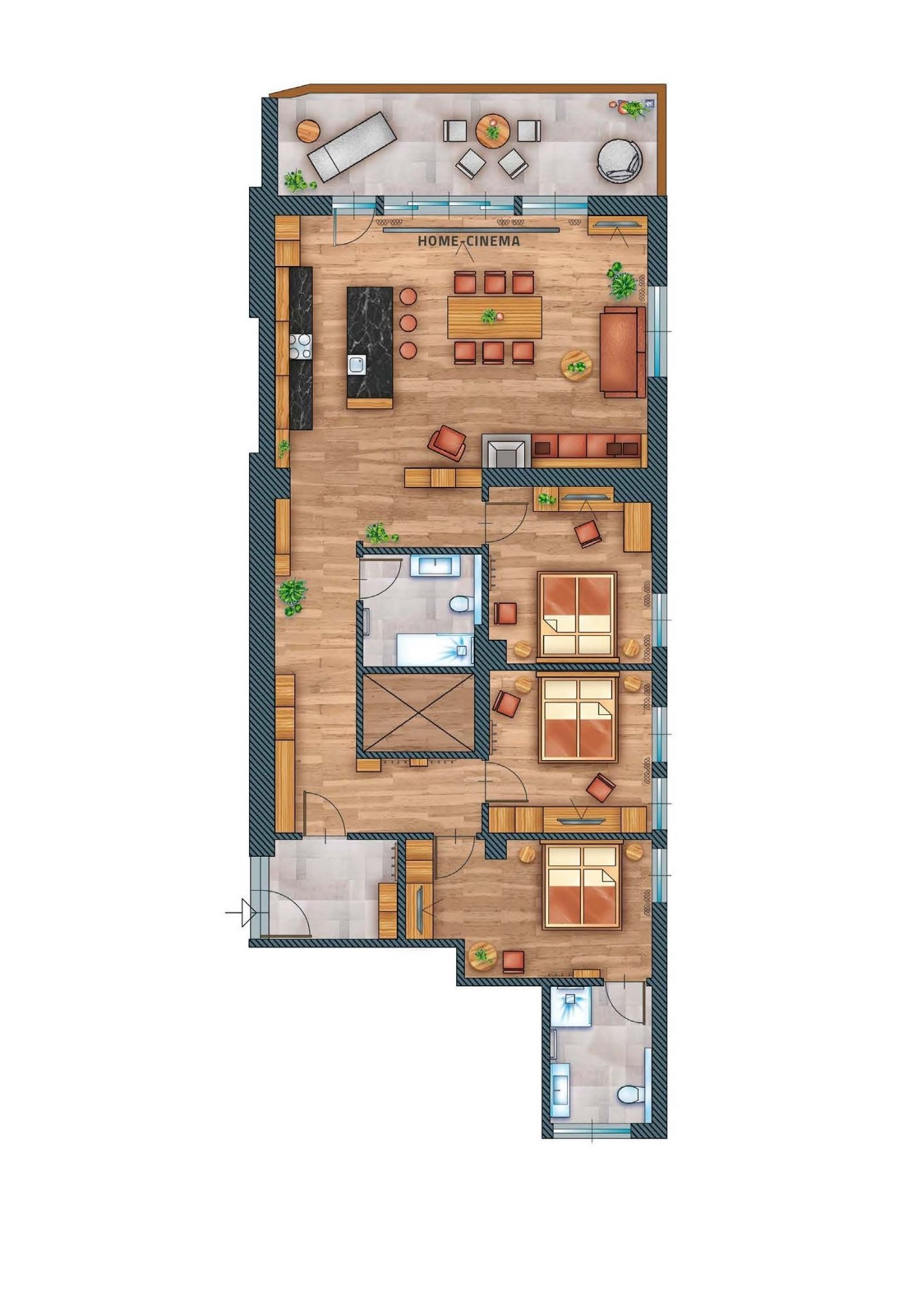 Plan d'étage avec disposition des pièces d'un appartement familial de luxe